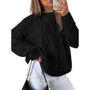 Trendy Queen Women's  Black Oversized Cable Knit Crewneck Sweaters